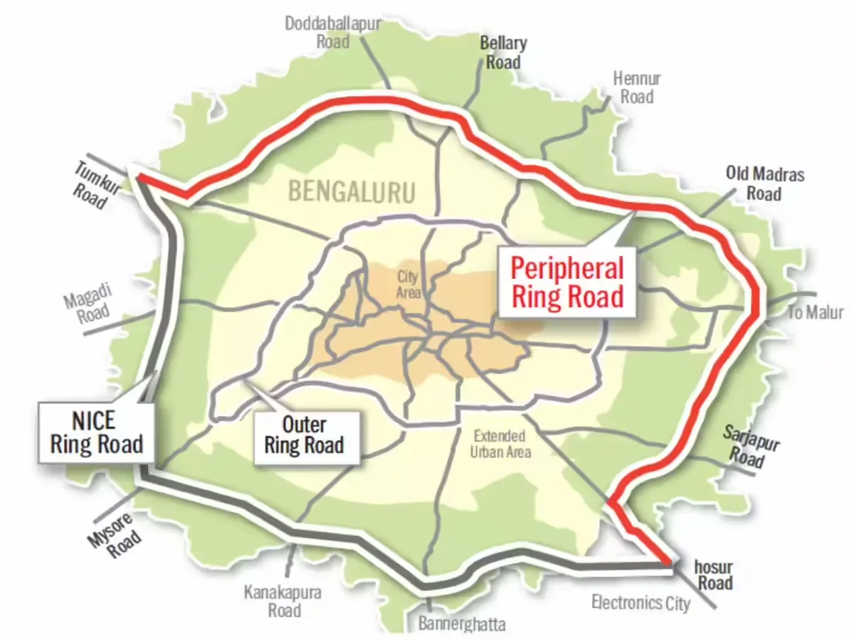 Peripheral Ring Road (PRR) map illustrating route and connections around East Bangalore