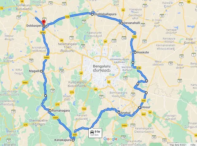 Satellite Town Ring Road (STRR) alignment map showing connectivity around Bengaluru