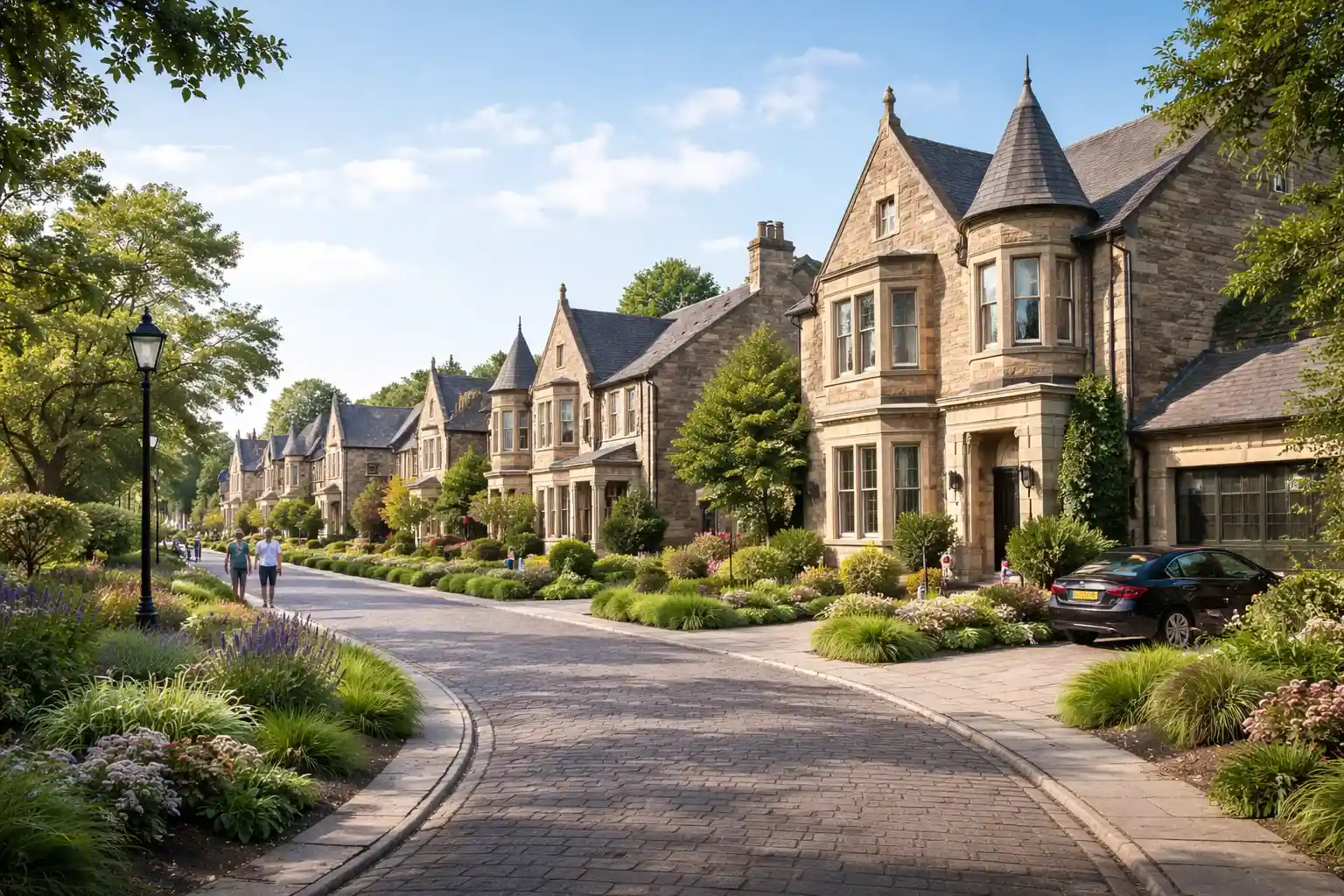 Scottish stone architecture inspired residential streetscape with greenery